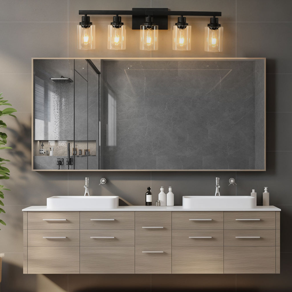 Modern Black Five-Light Vanity Fixture with Clear Shades