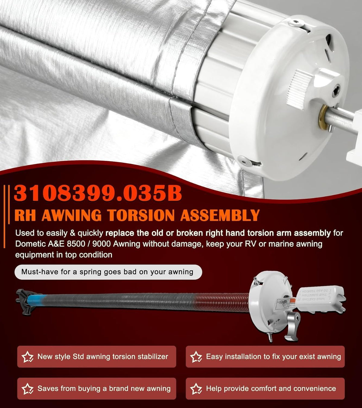 Right-Hand RV Awning Torsion Assembly