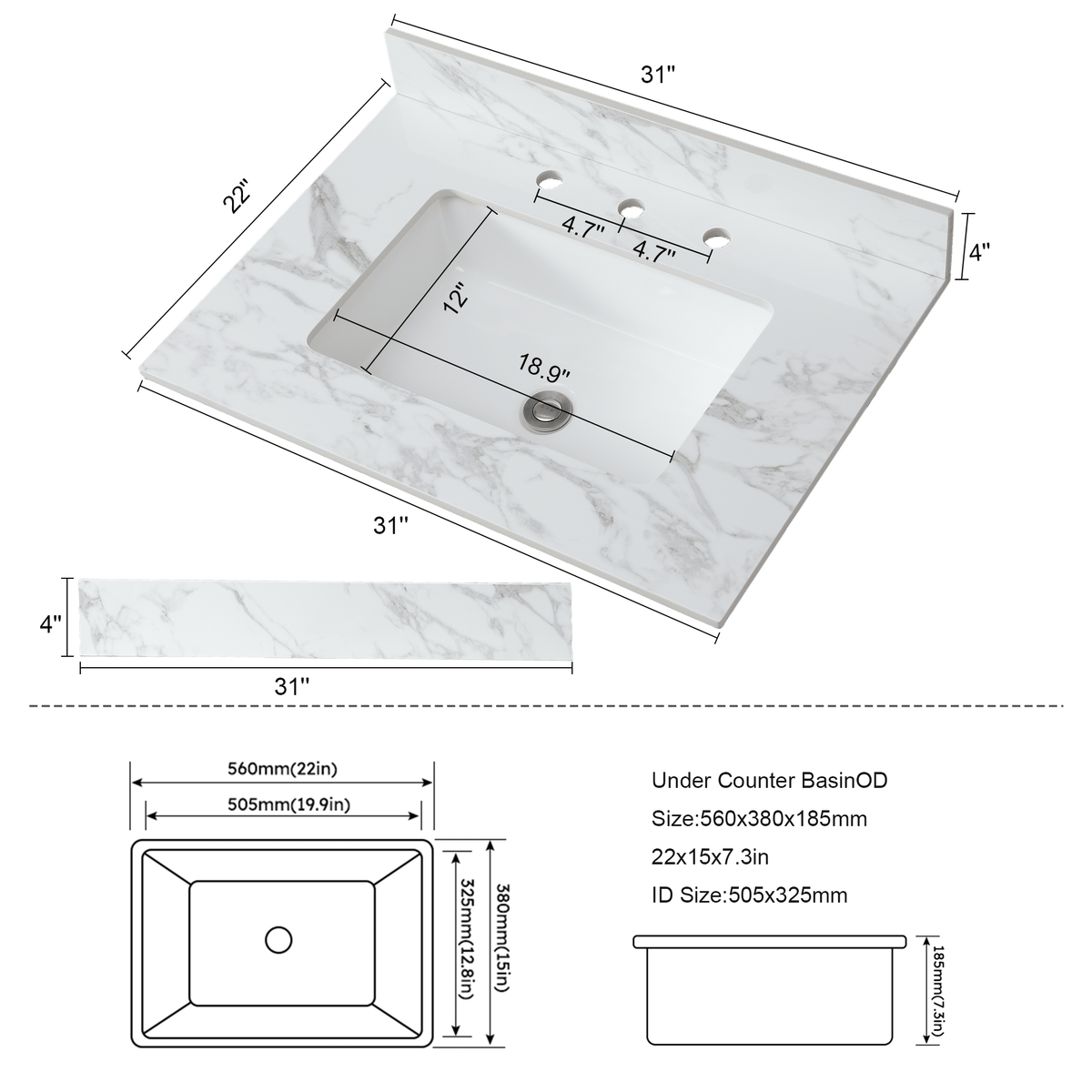 Carra White Vanity Top with Undermount Sink and Backsplash