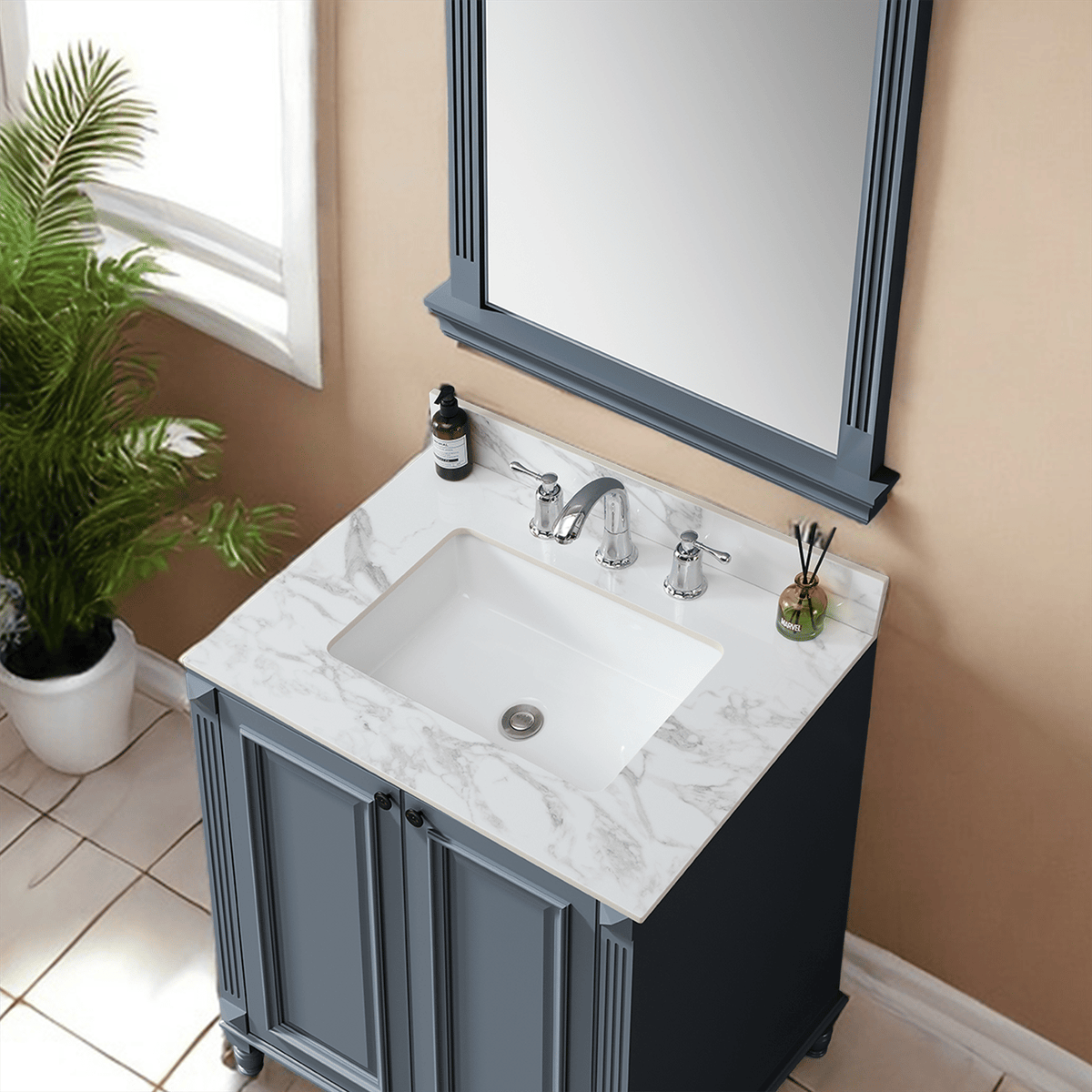 Carra White Vanity Top with Undermount Sink and Backsplash