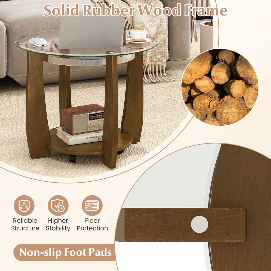 2-Tier Glass Round Coffee Table with Storage Shelf