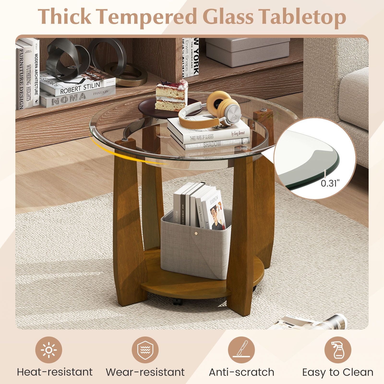 2-Tier Glass Round Coffee Table with Storage Shelf
