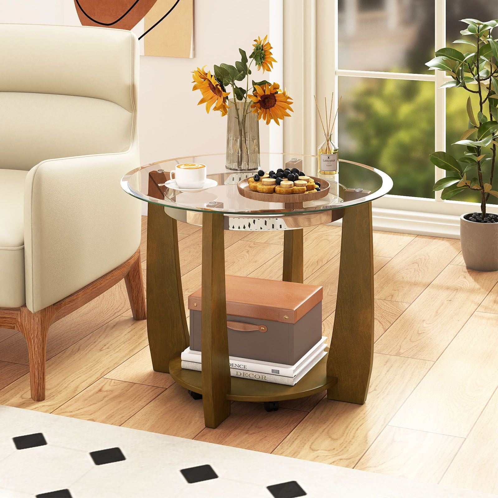 2-Tier Glass Round Coffee Table with Storage Shelf