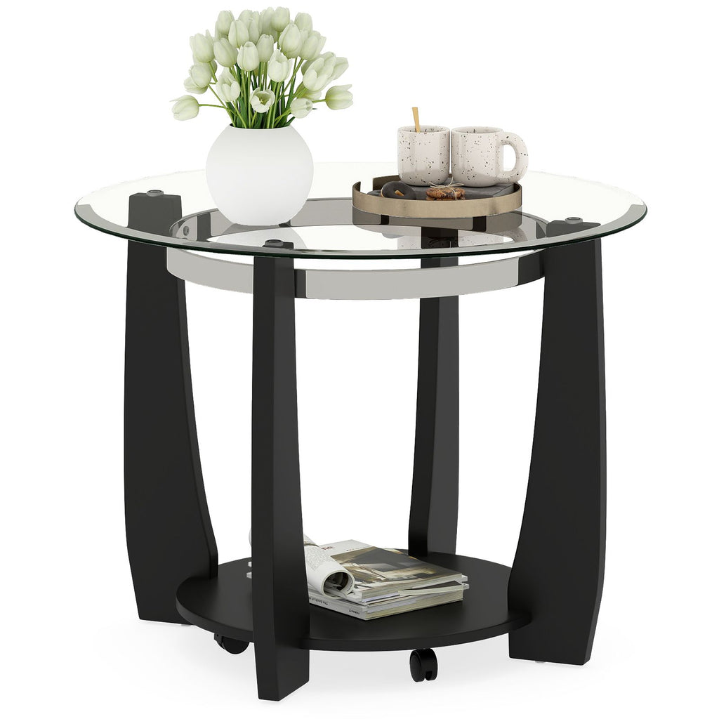 2-Tier Glass Round Coffee Table with Storage Shelf