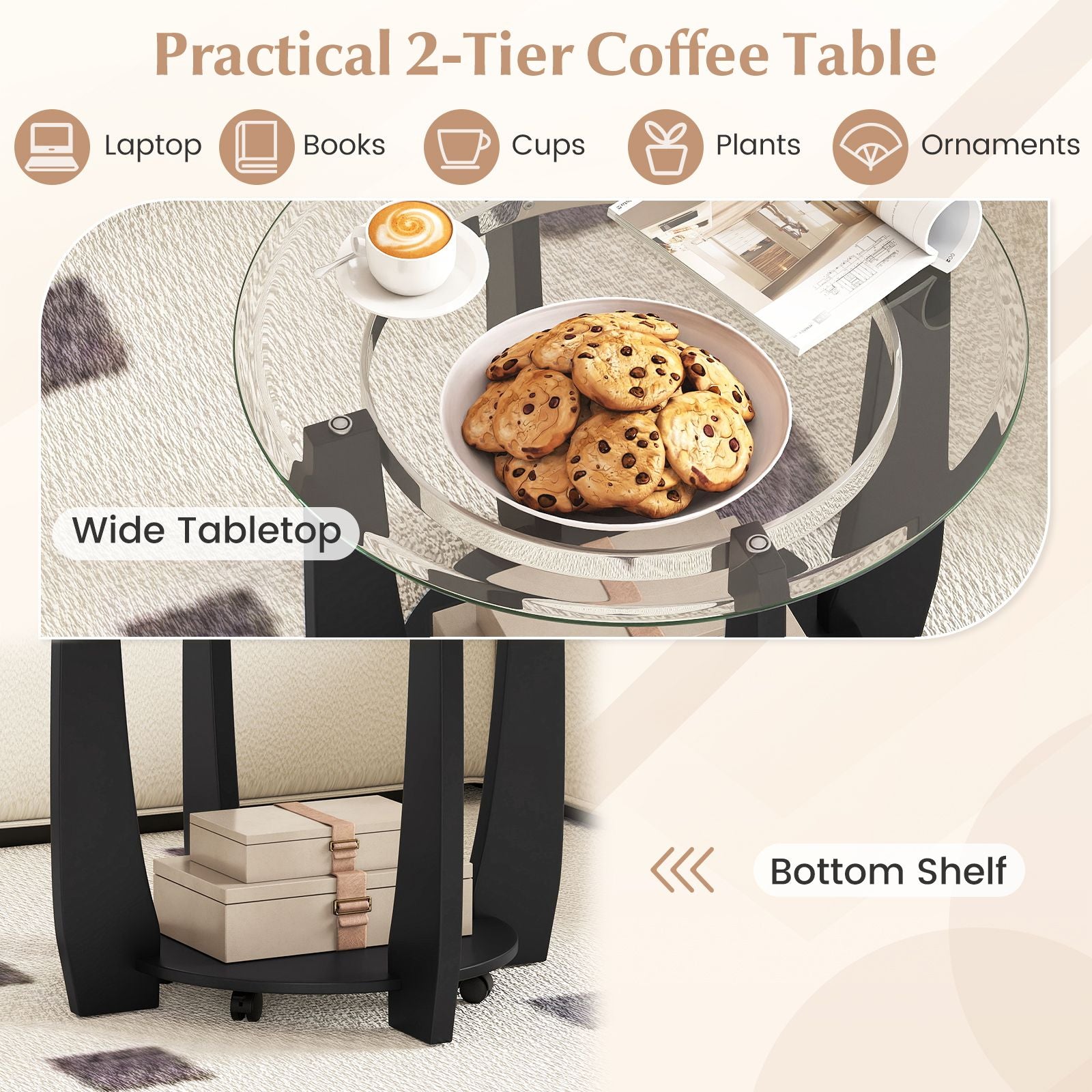 2-Tier Glass Round Coffee Table with Storage Shelf