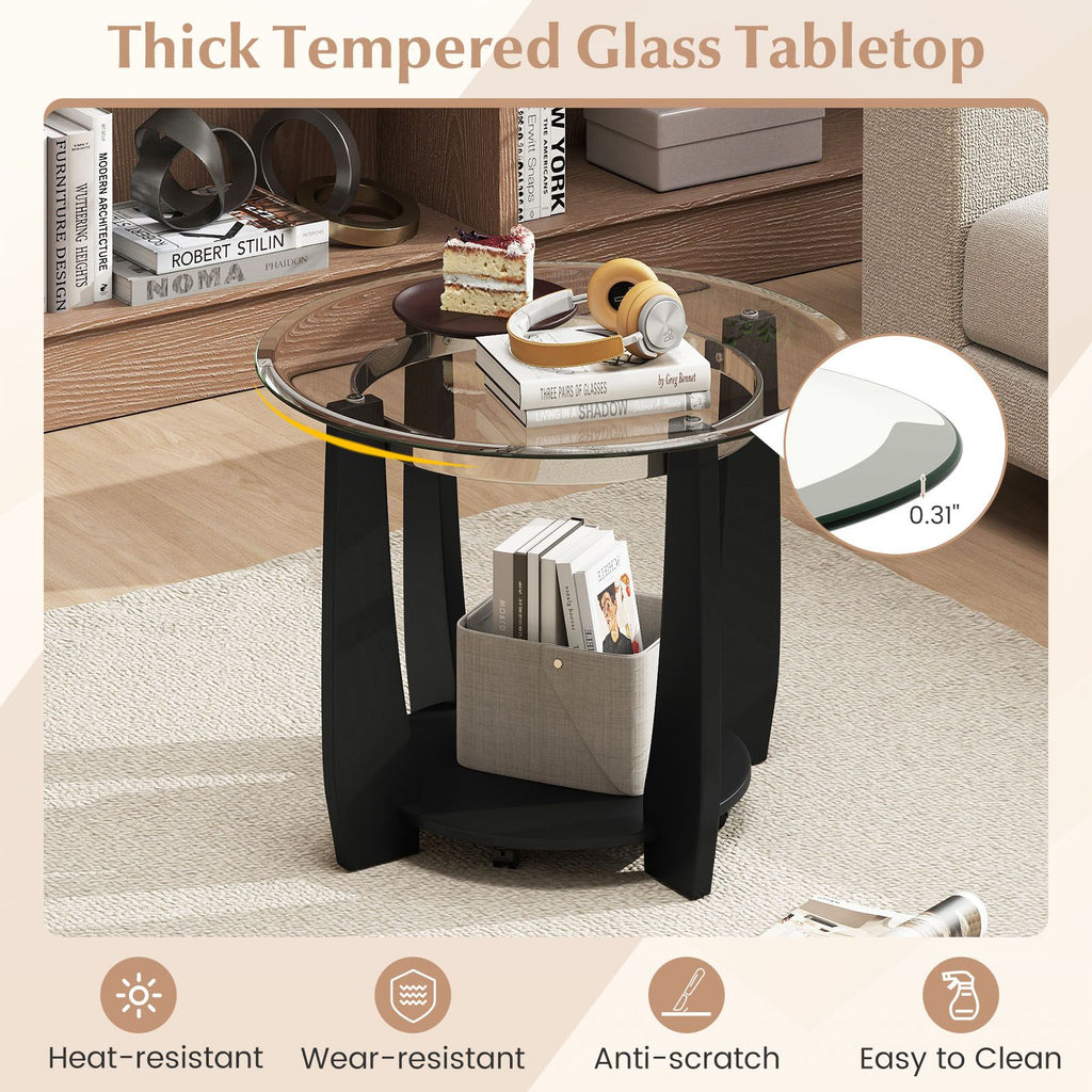 2-Tier Glass Round Coffee Table with Storage Shelf