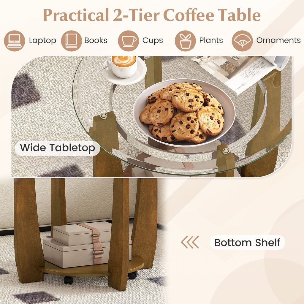 2-Tier Glass Round Coffee Table with Storage Shelf