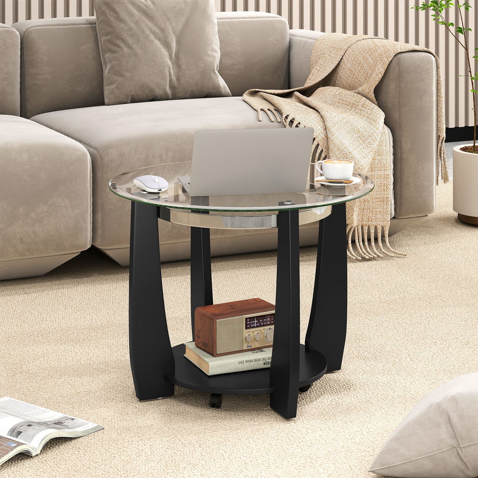 2-Tier Glass Round Coffee Table with Storage Shelf