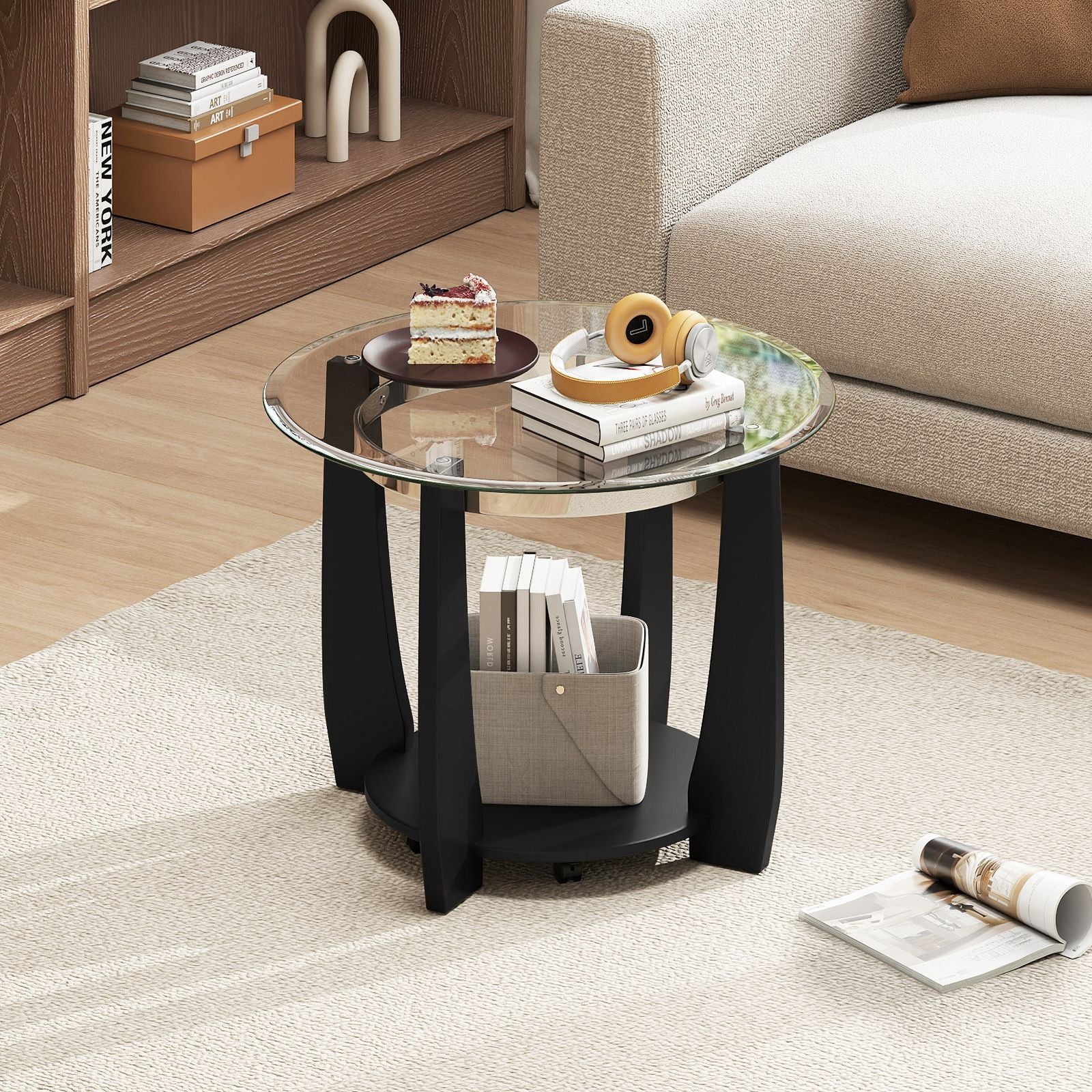 2-Tier Glass Round Coffee Table with Storage Shelf