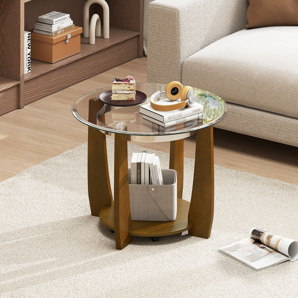 2-Tier Glass Round Coffee Table with Storage Shelf