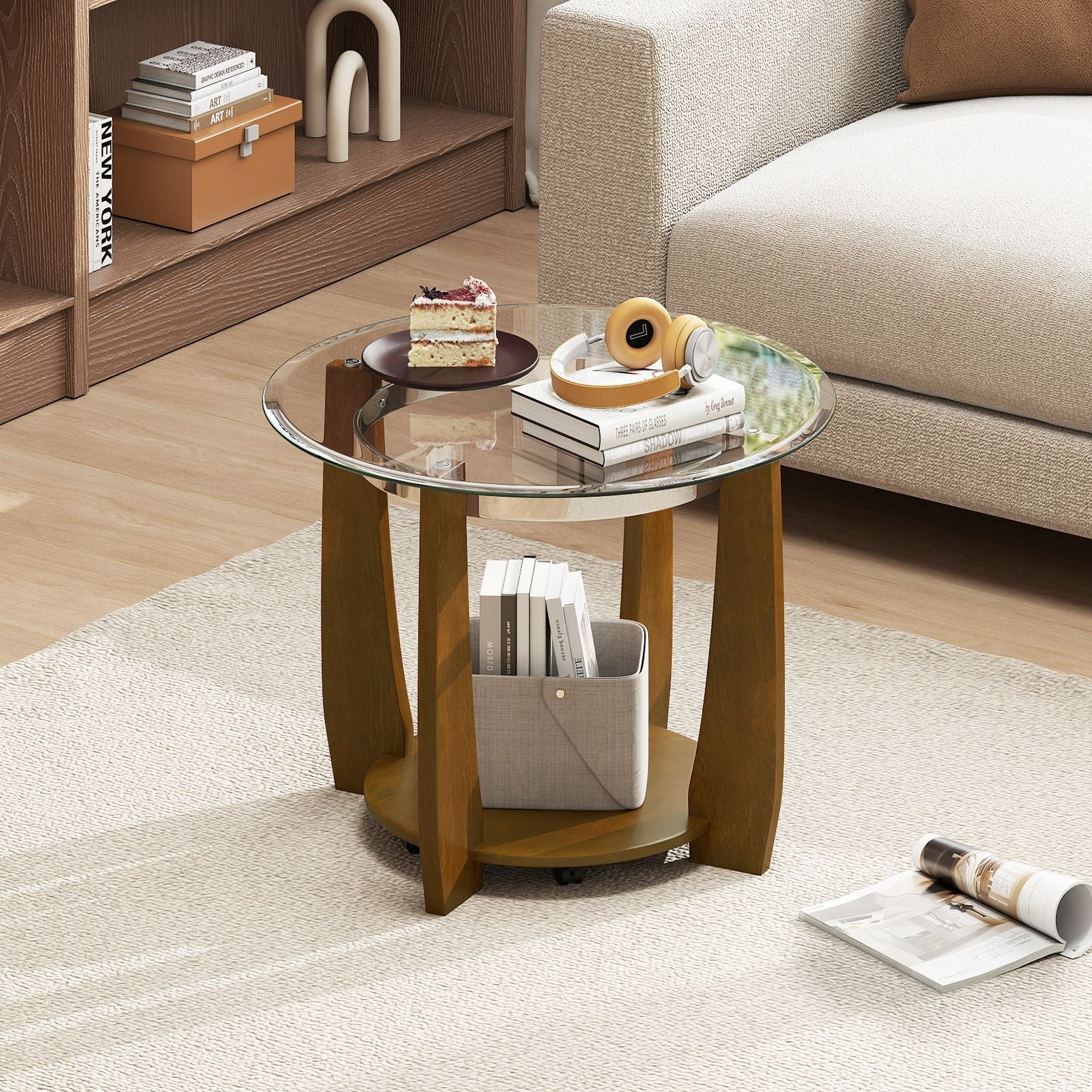 2-Tier Glass Round Coffee Table with Storage Shelf