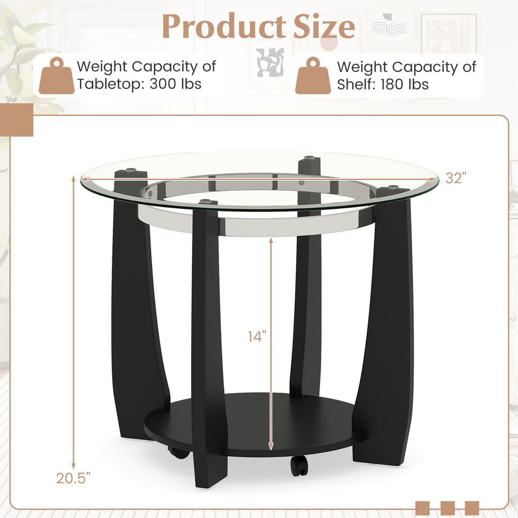 2-Tier Glass Round Coffee Table with Storage Shelf