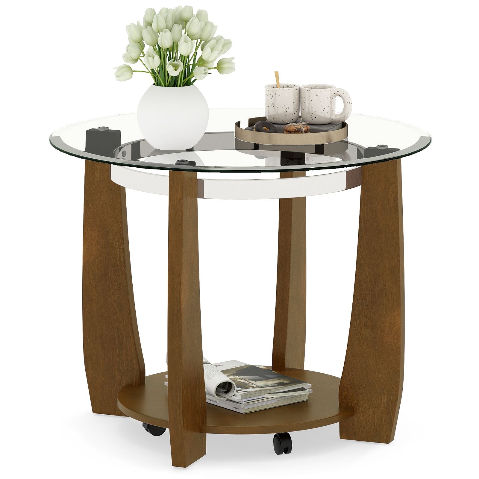 2-Tier Glass Round Coffee Table with Storage Shelf