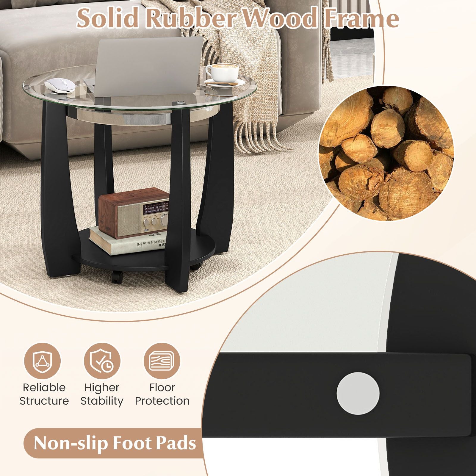 2-Tier Glass Round Coffee Table with Storage Shelf