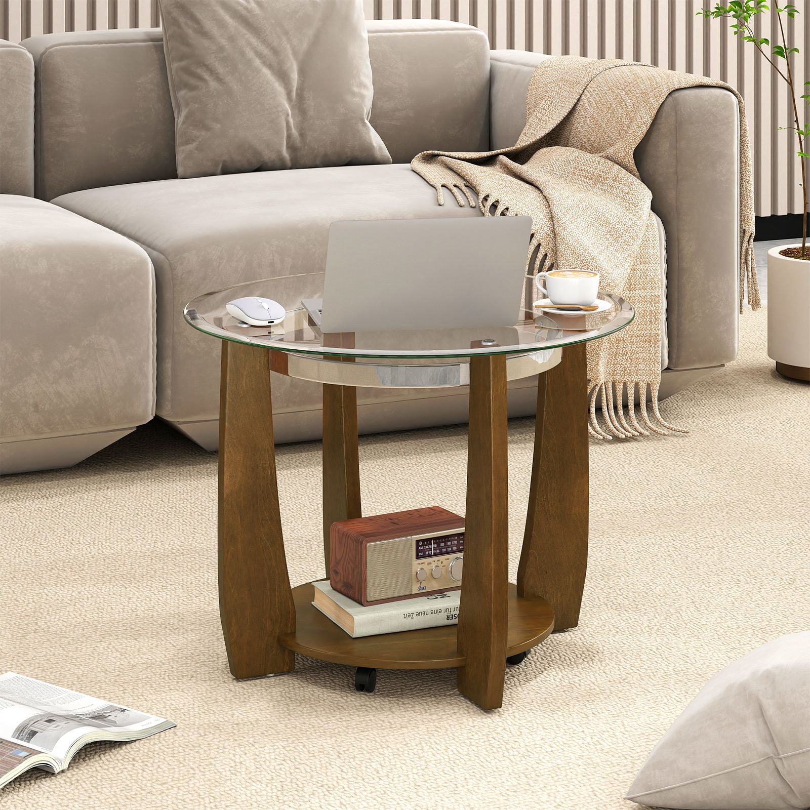 2-Tier Glass Round Coffee Table with Storage Shelf
