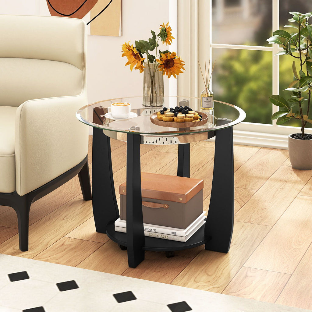 2-Tier Glass Round Coffee Table with Storage Shelf