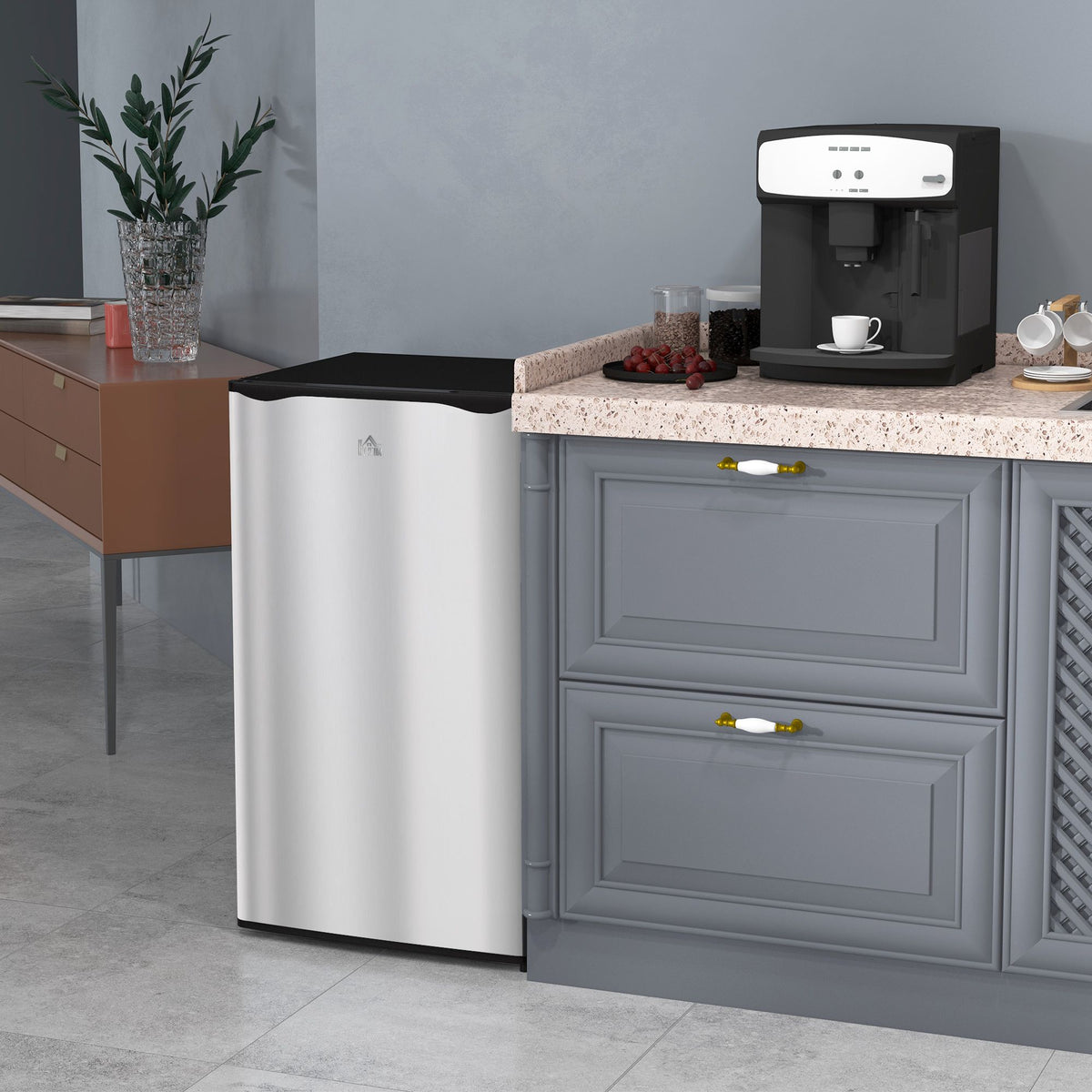 Compact Silver Mini Fridge with Freezer and Reversible Door
