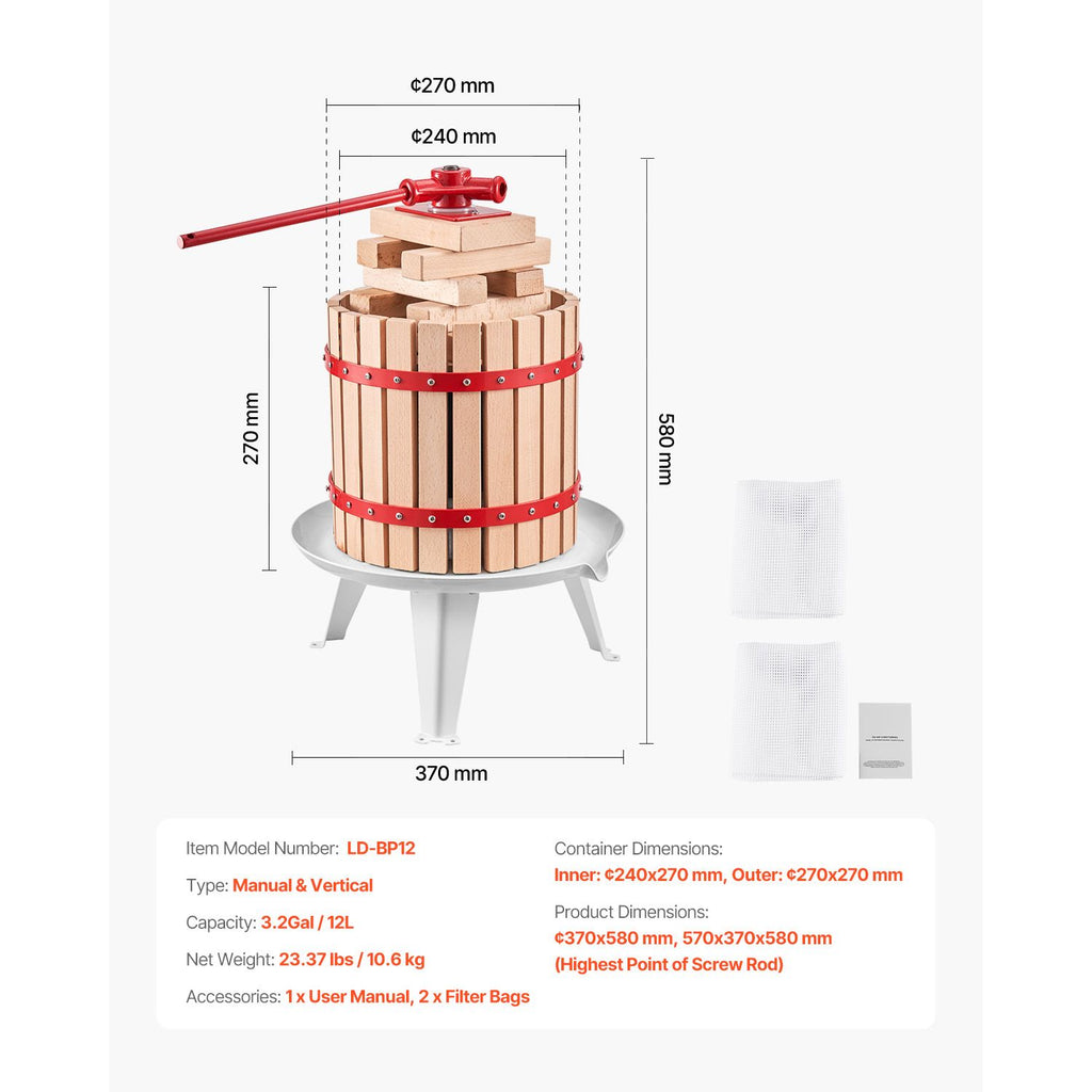 Solid Wood Fruit Wine Press with 8 Blocks - 12L Capacity Manual Juice Maker
