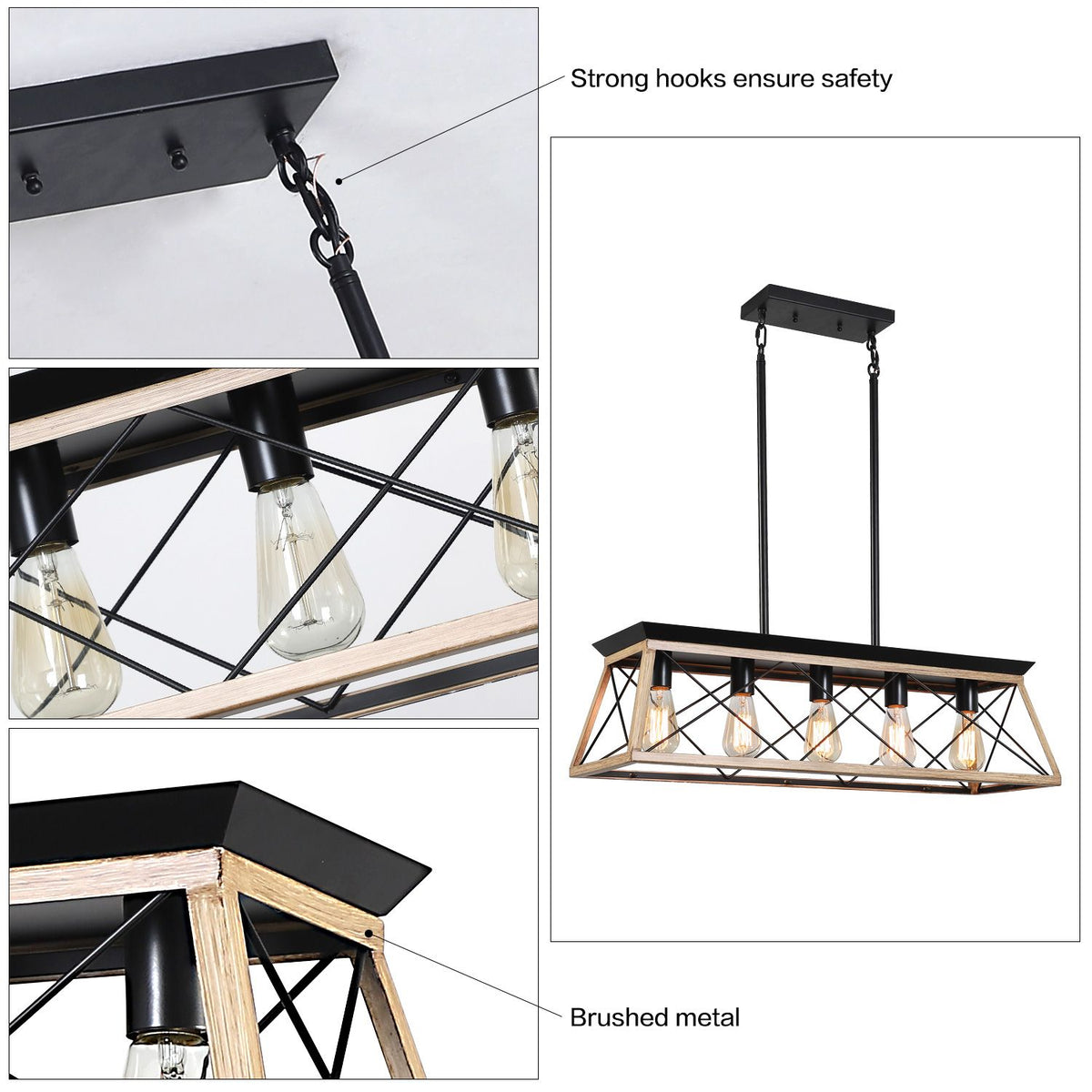 32" Oak Industrial 5-Light Pendant Chandelier with Adjustable Hanging - Modern Metal Cage Design for Dining Room, Kitchen, Living Room