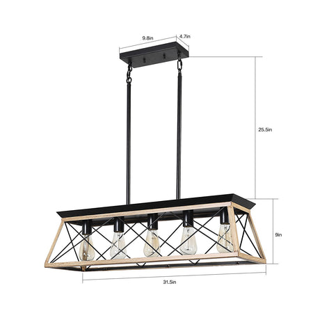 32" Oak Industrial 5-Light Pendant Chandelier with Adjustable Hanging - Modern Metal Cage Design for Dining Room, Kitchen, Living Room