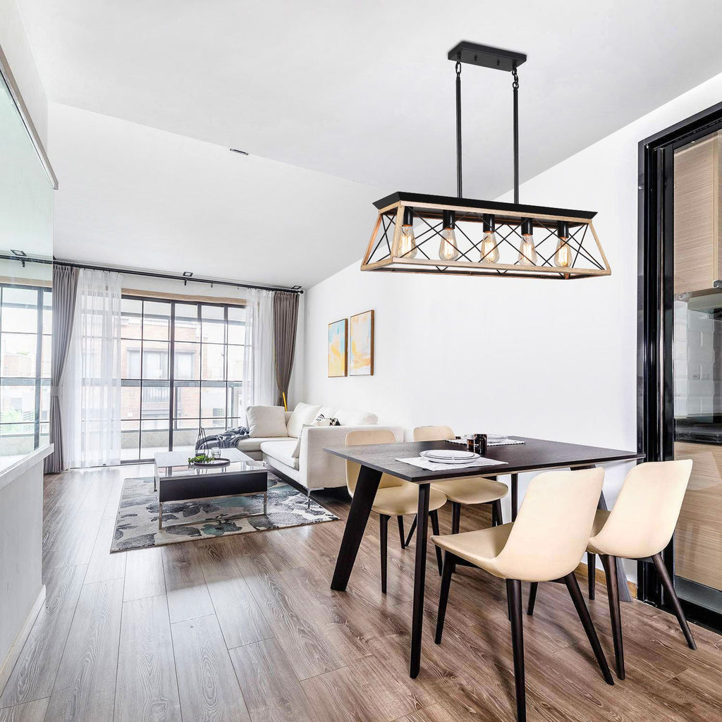 32" Oak Industrial 5-Light Pendant Chandelier with Adjustable Hanging - Modern Metal Cage Design for Dining Room, Kitchen, Living Room