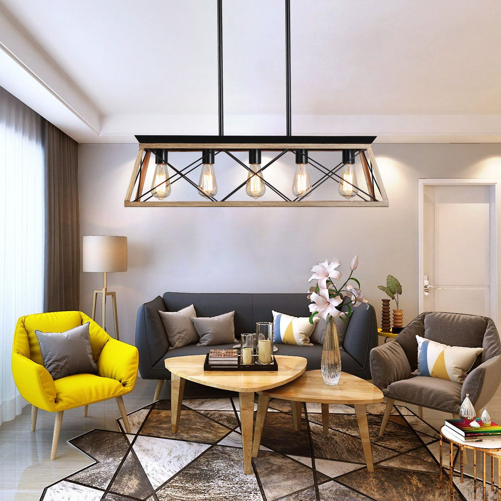 32" Oak Industrial 5-Light Pendant Chandelier with Adjustable Hanging - Modern Metal Cage Design for Dining Room, Kitchen, Living Room
