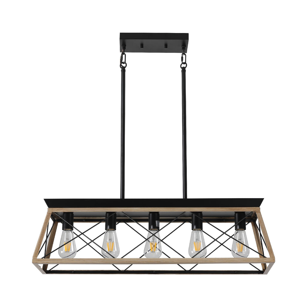 32" Oak Industrial 5-Light Pendant Chandelier with Adjustable Hanging - Modern Metal Cage Design for Dining Room, Kitchen, Living Room