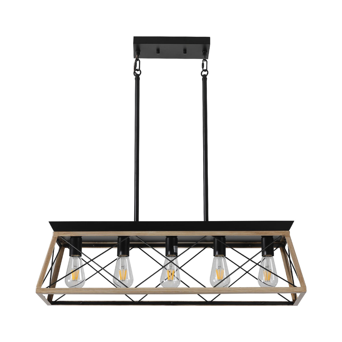 32" Oak Industrial 5-Light Pendant Chandelier with Adjustable Hanging - Modern Metal Cage Design for Dining Room, Kitchen, Living Room
