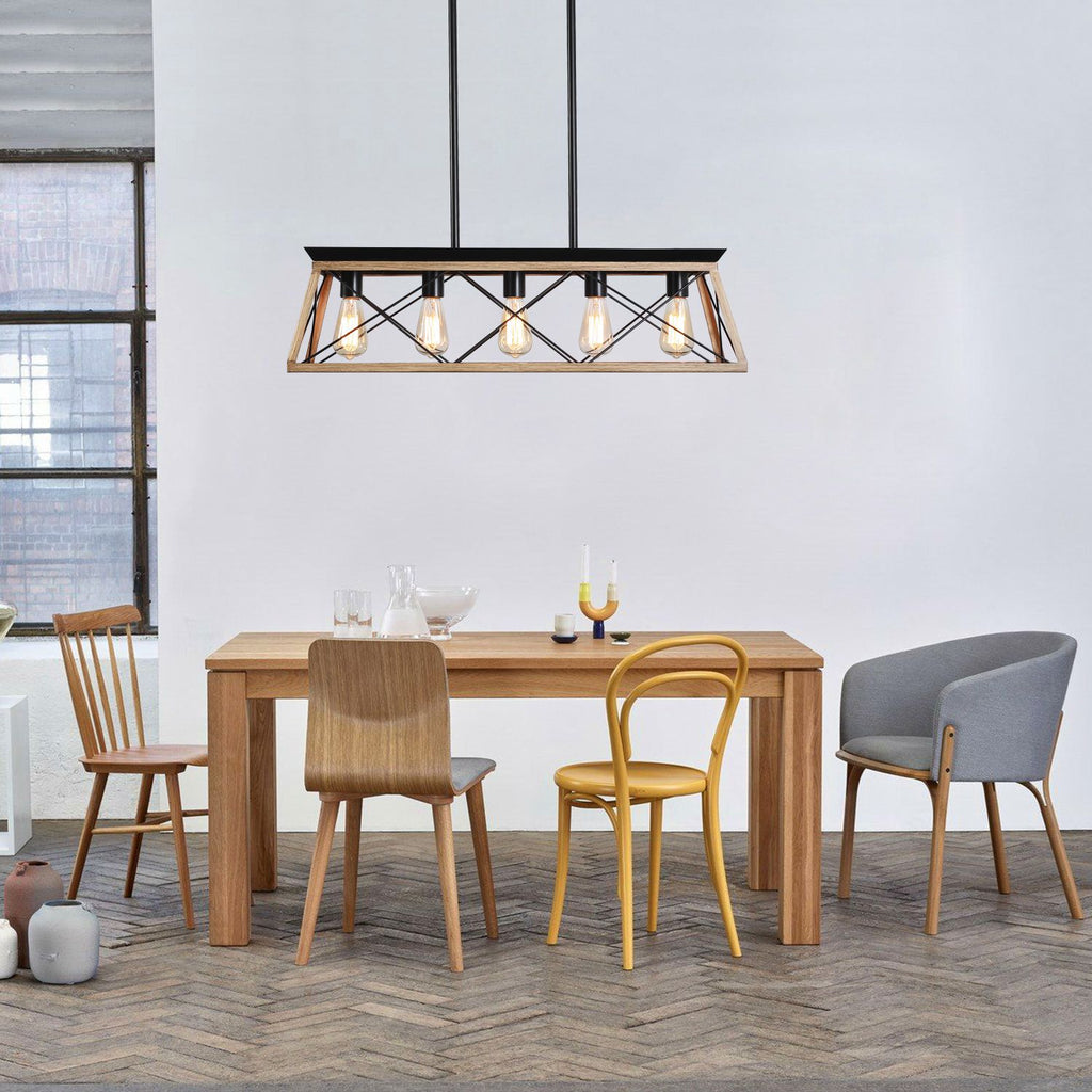 32" Oak Industrial 5-Light Pendant Chandelier with Adjustable Hanging - Modern Metal Cage Design for Dining Room, Kitchen, Living Room