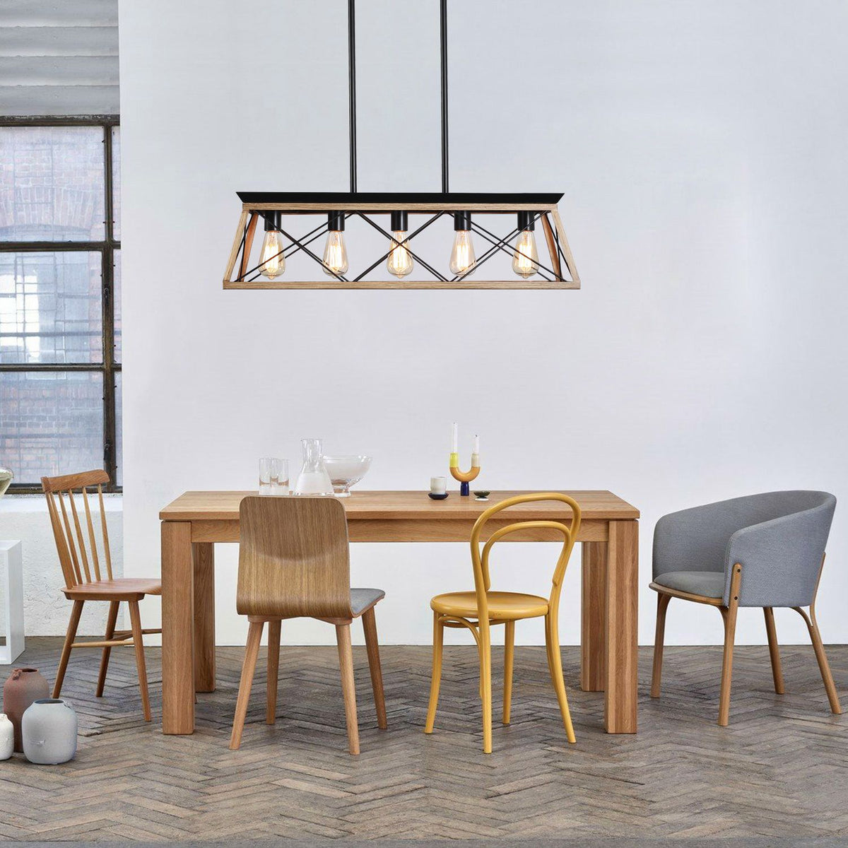 32" Oak Industrial 5-Light Pendant Chandelier with Adjustable Hanging - Modern Metal Cage Design for Dining Room, Kitchen, Living Room