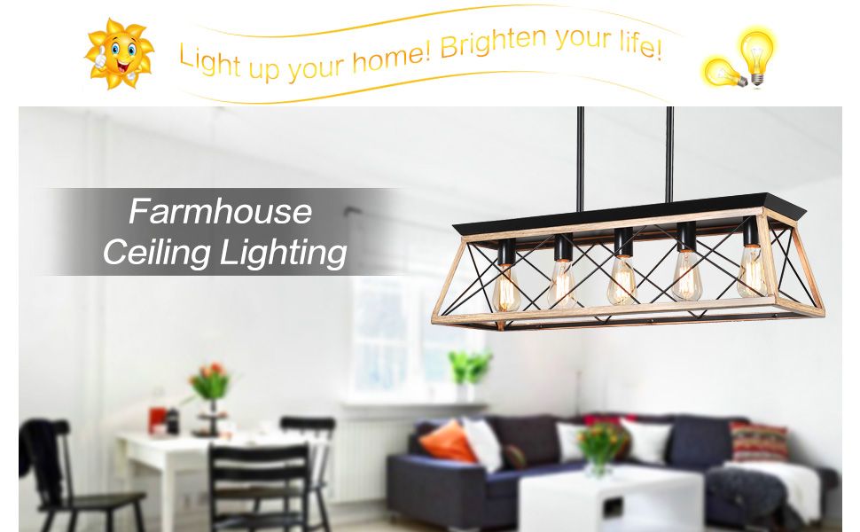 32" Oak Industrial 5-Light Pendant Chandelier with Adjustable Hanging - Modern Metal Cage Design for Dining Room, Kitchen, Living Room