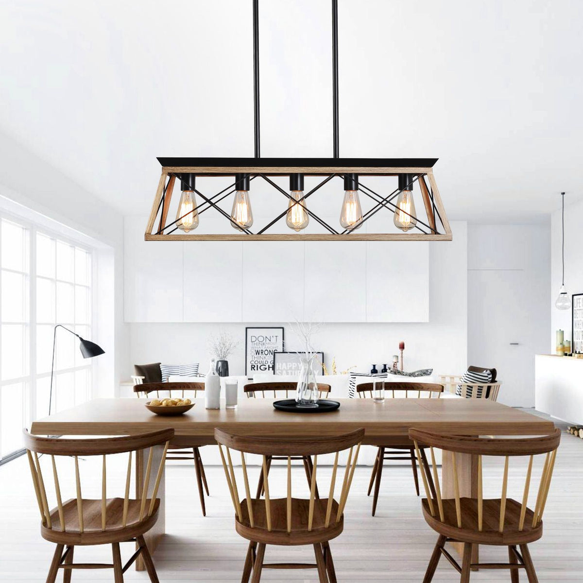 32" Oak Industrial 5-Light Pendant Chandelier with Adjustable Hanging - Modern Metal Cage Design for Dining Room, Kitchen, Living Room