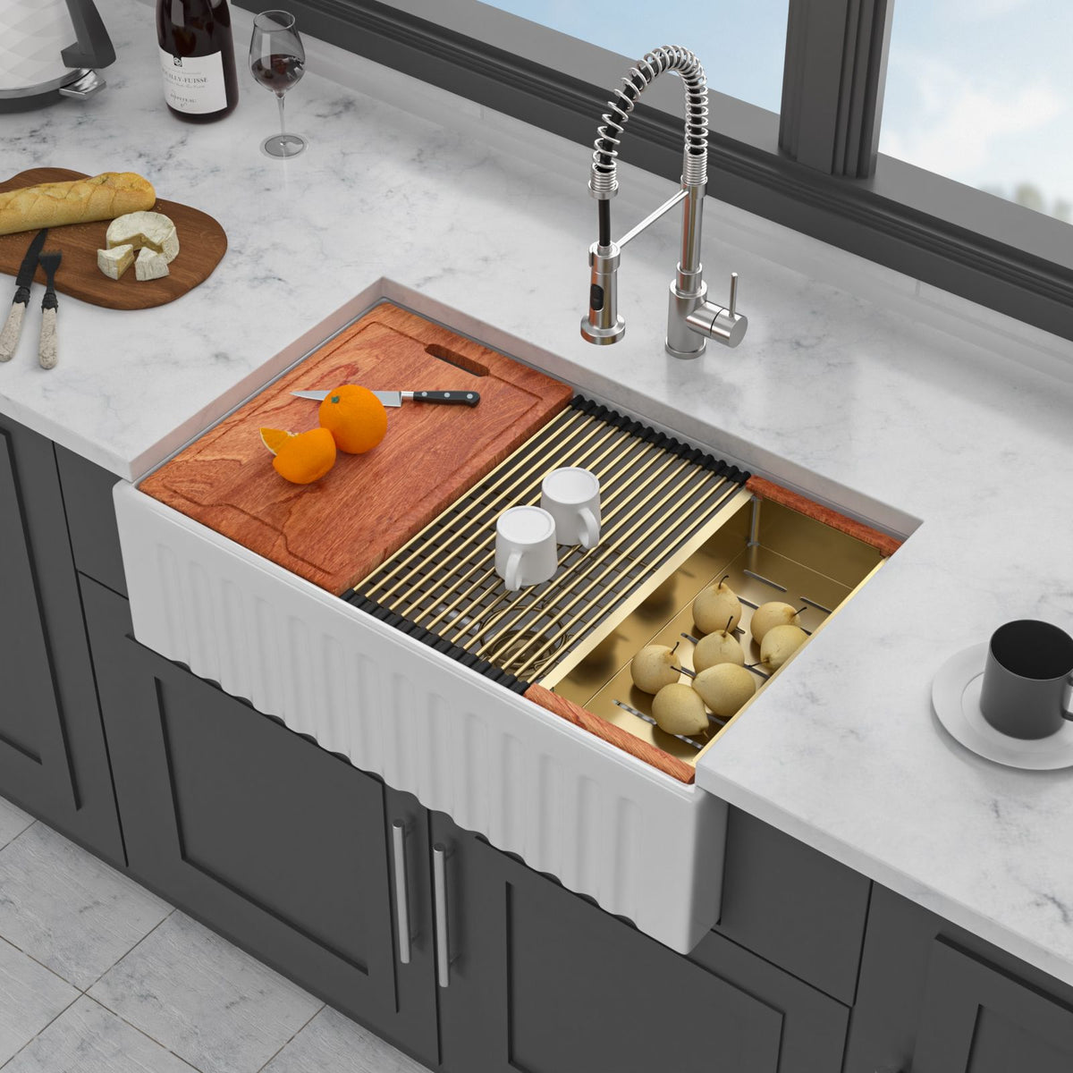 White Apron-Front Farmhouse Workstation Sink