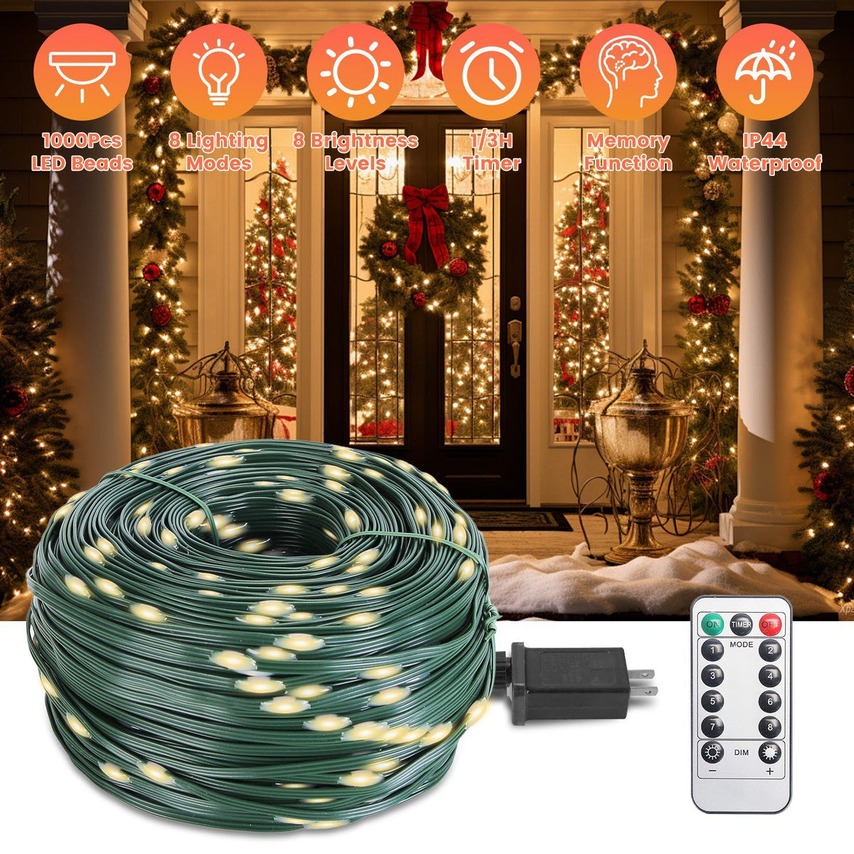 1000 LED Outdoor Christmas String Lights with Remote & Timer - Warm