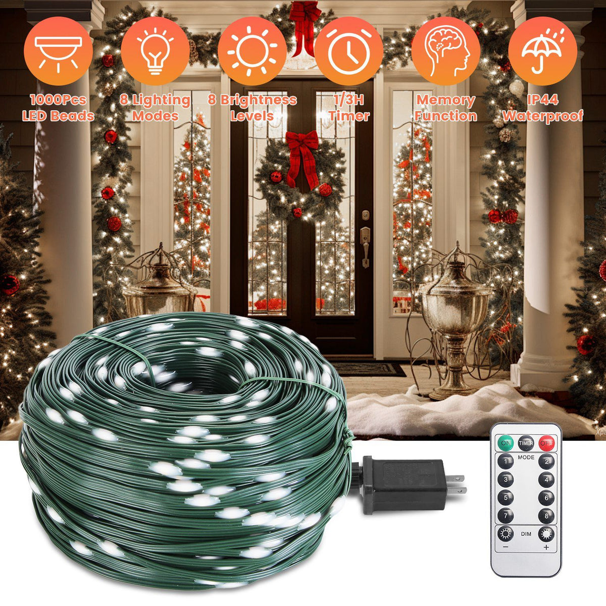 1000 LED Outdoor Christmas String Lights with Remote & Timer - White