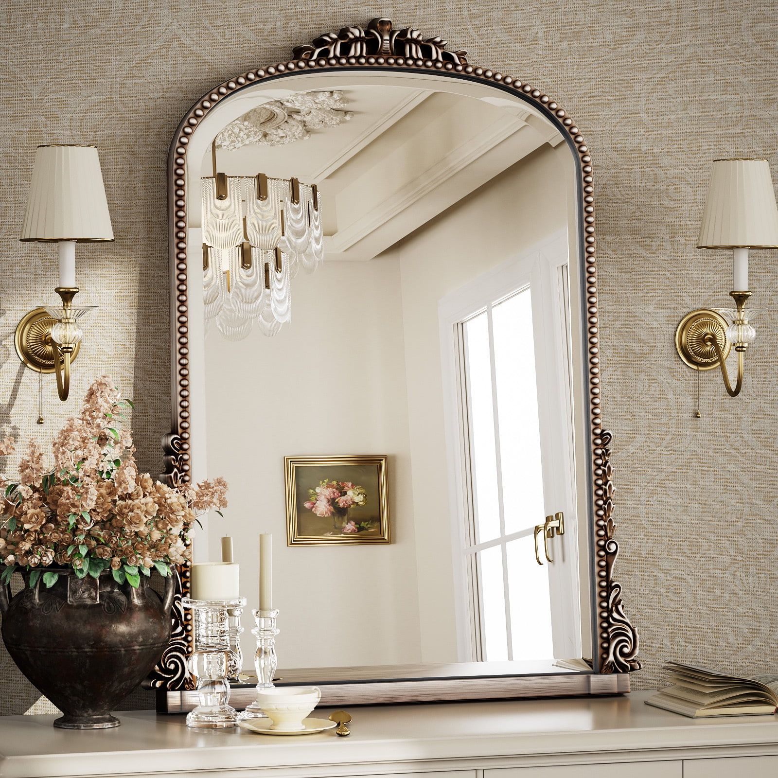 Arched Decorative Mirror with Baroque Frame – Antique Silver Finish
