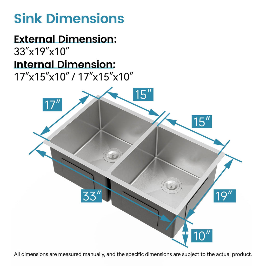 33"x19" Embedded Double Bowl Kitchen Sink, Undermount Handmade Sink in Brushed (Sink