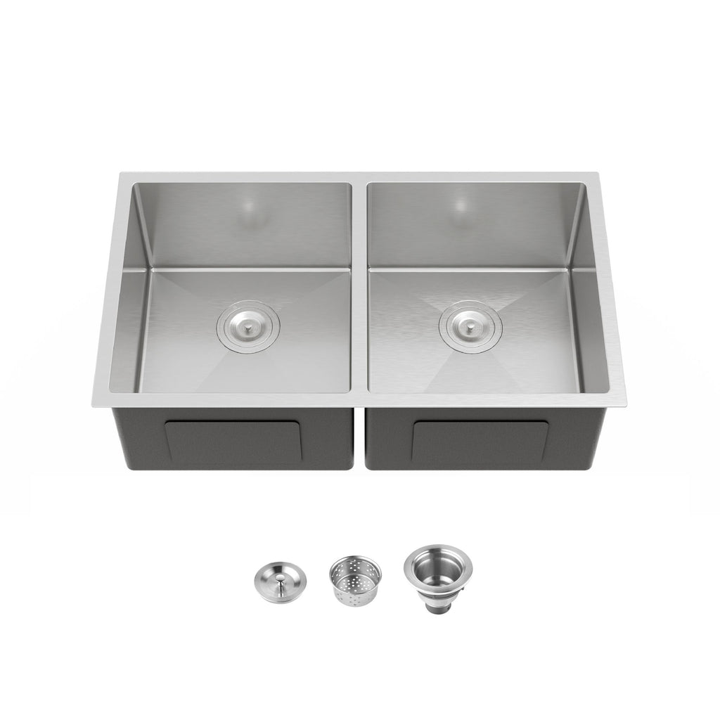 33"x19" Embedded Double Bowl Kitchen Sink, Undermount Handmade Sink in Brushed (Sink