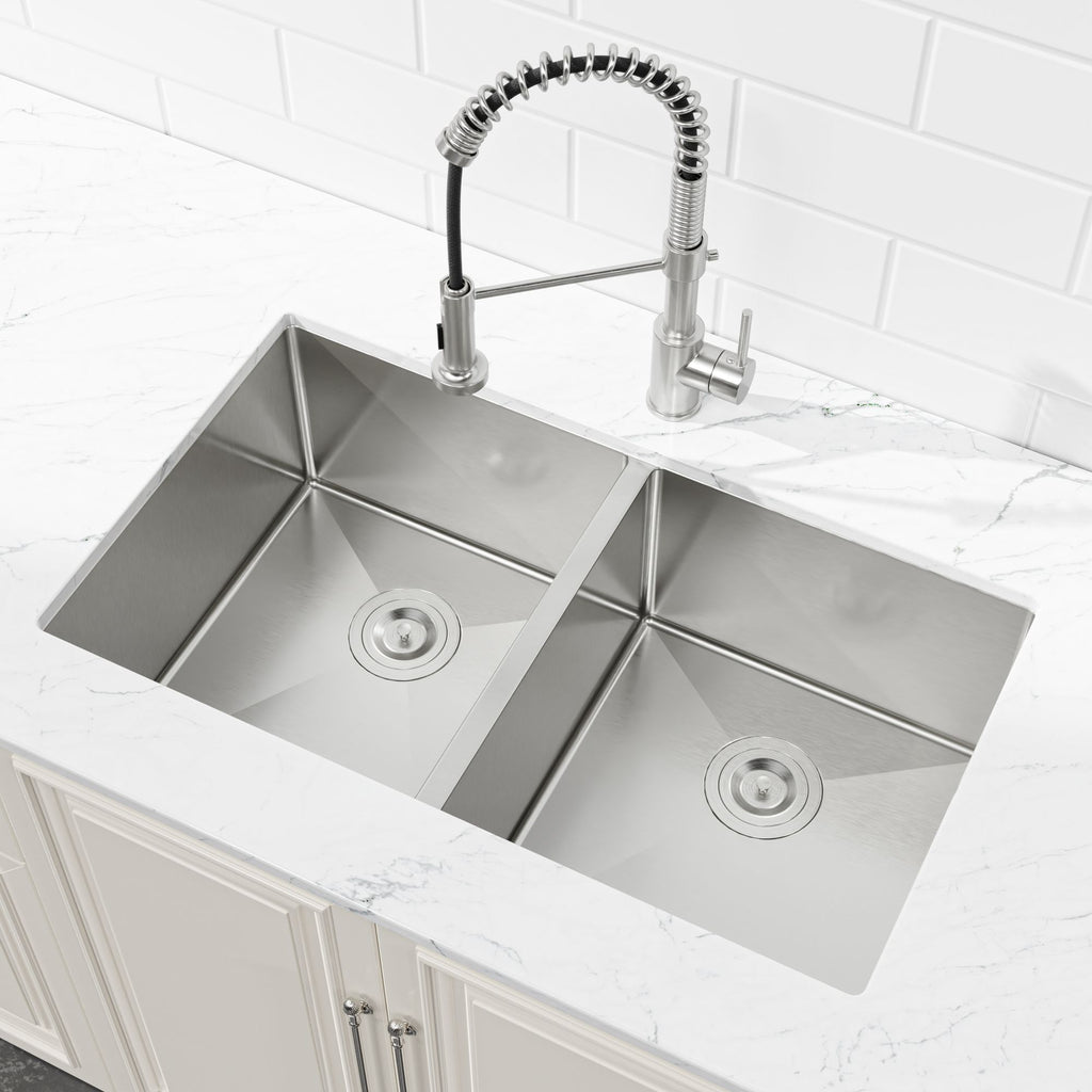 33"x19" Embedded Double Bowl Kitchen Sink, Undermount Handmade Sink in Brushed (Sink