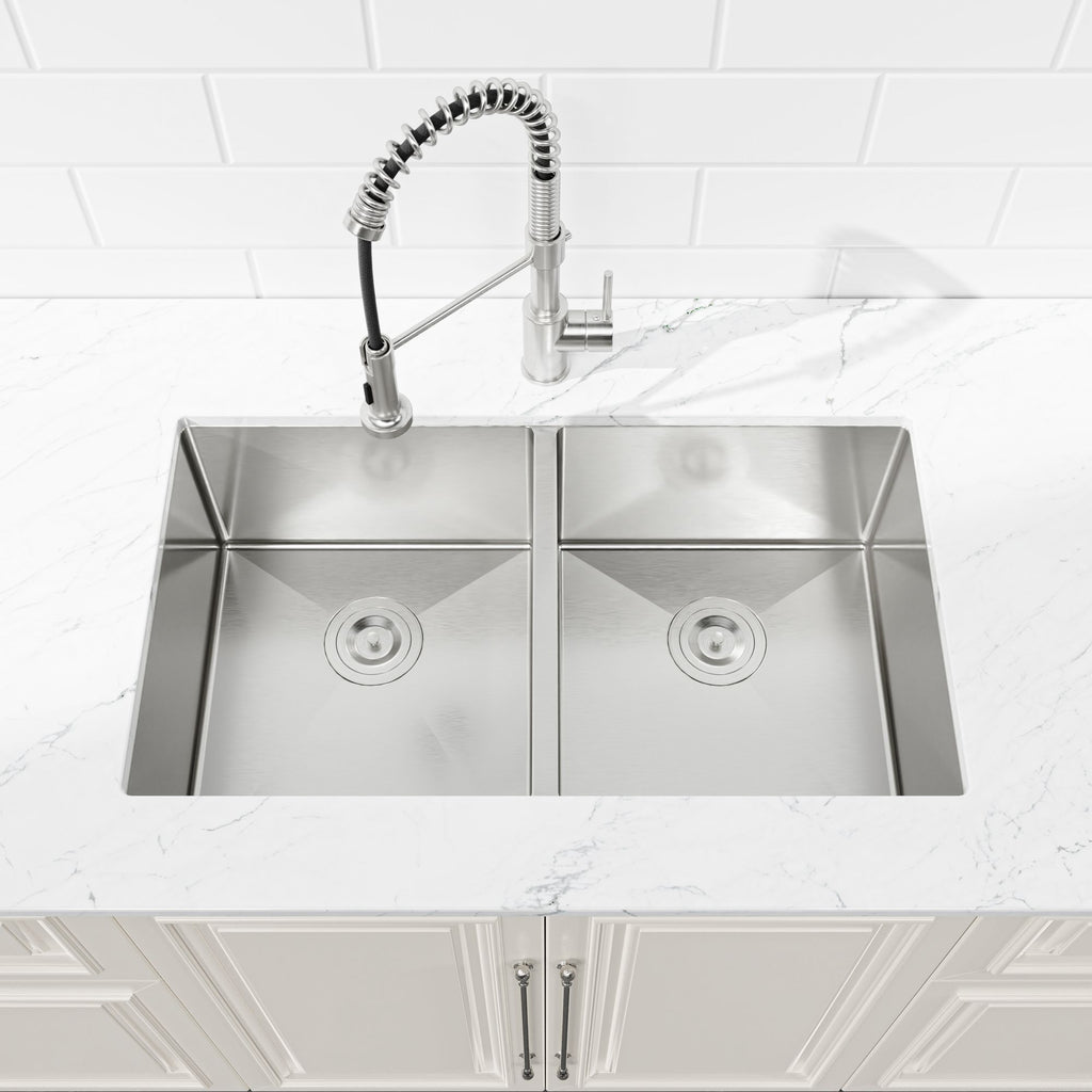 33"x19" Embedded Double Bowl Kitchen Sink, Undermount Handmade Sink in Brushed (Sink