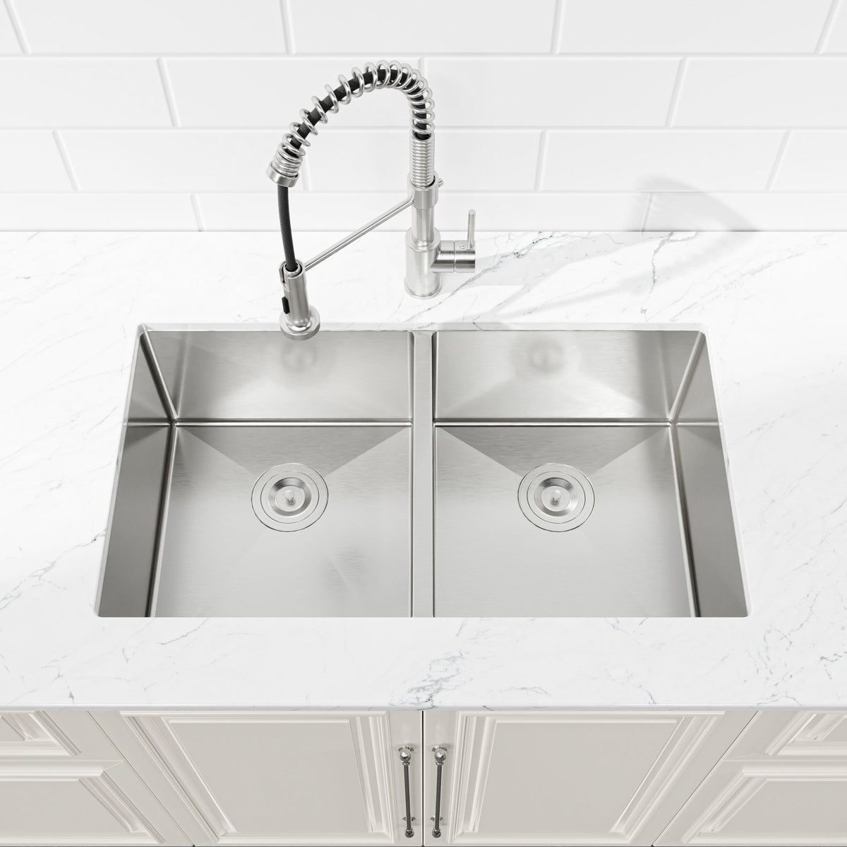33"x19" Embedded Double Bowl Kitchen Sink, Undermount Handmade Sink in Brushed (Sink