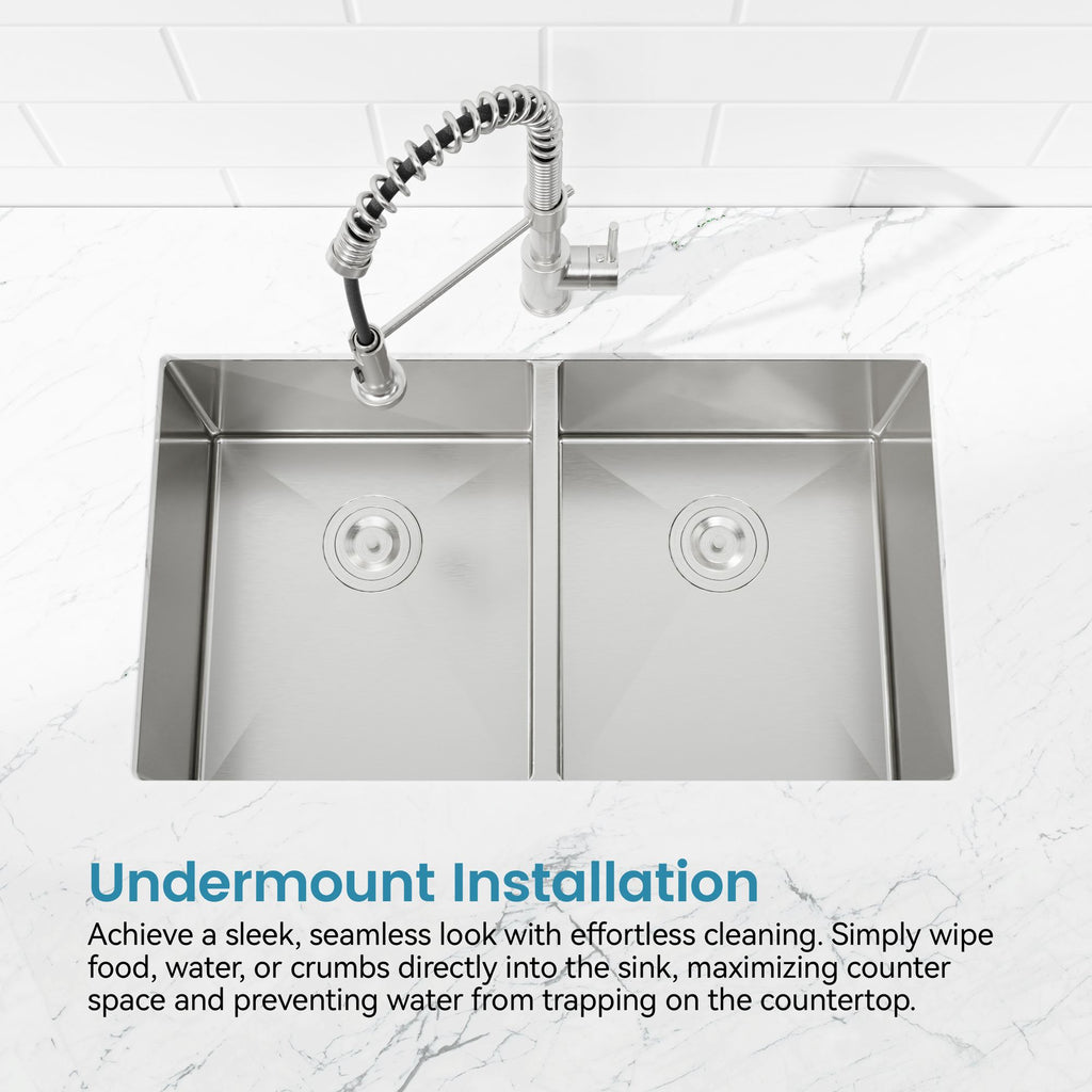 33"x19" Embedded Double Bowl Kitchen Sink, Undermount Handmade Sink in Brushed (Sink