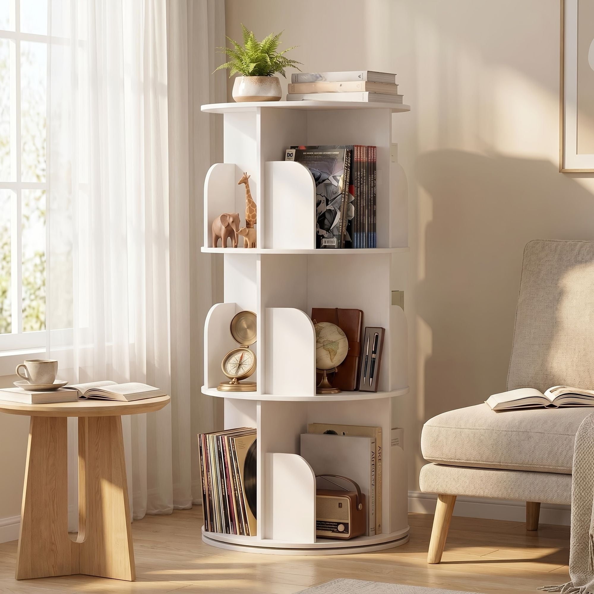 Rotating Tower Bookcase for Space-Conscious Rooms