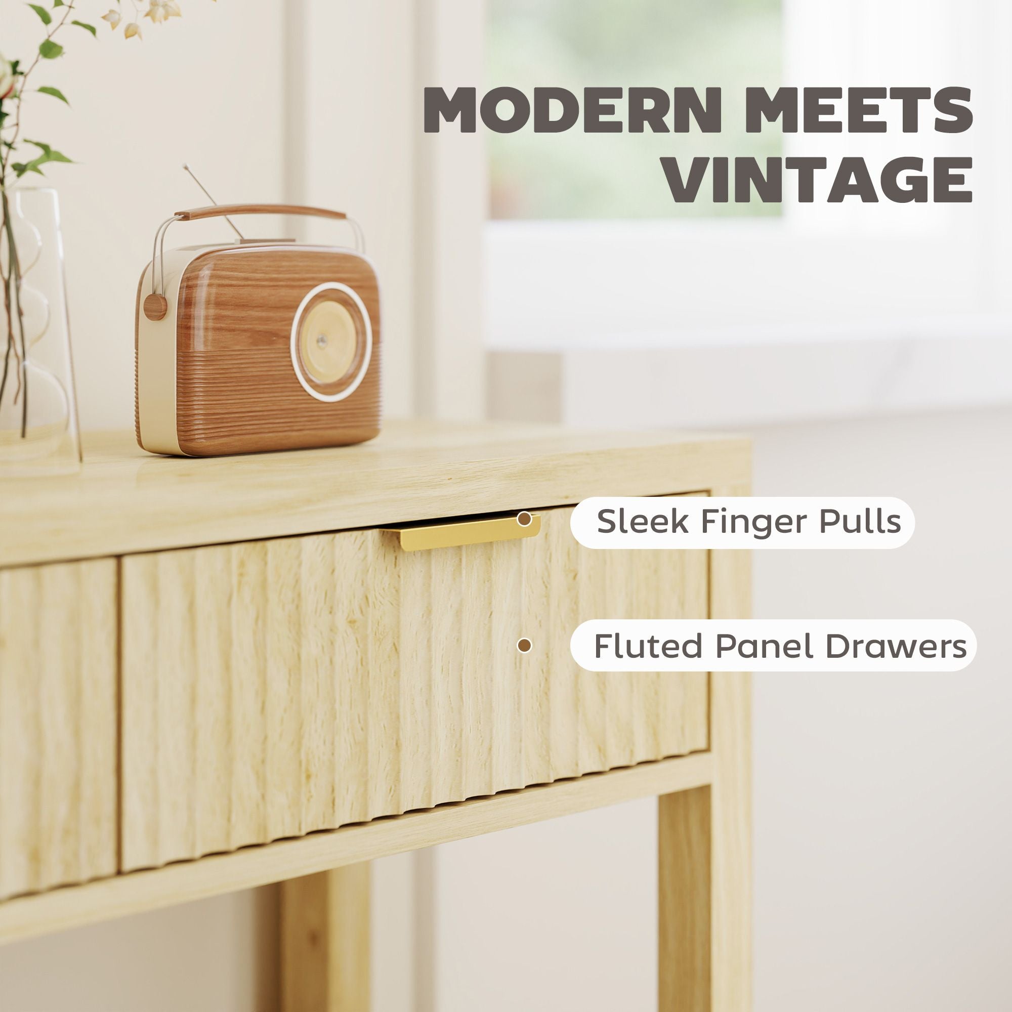 Console Table with Storage, Narrow Entryway Table with Fluted Panel Drawers and Shelf