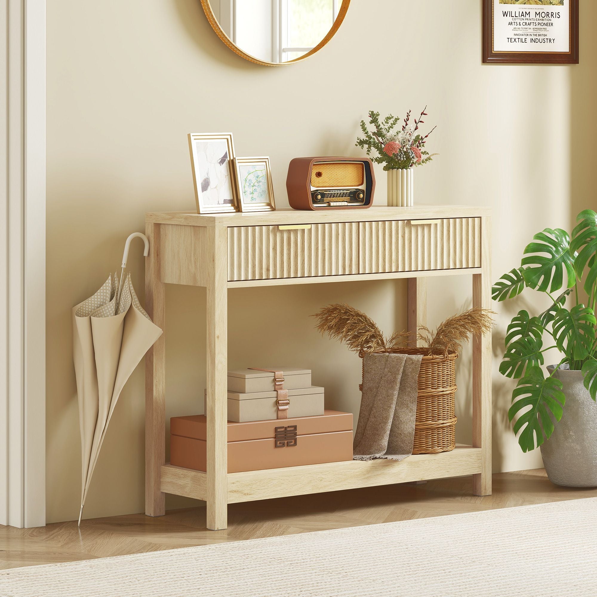 Console Table with Storage, Narrow Entryway Table with Fluted Panel Drawers and Shelf