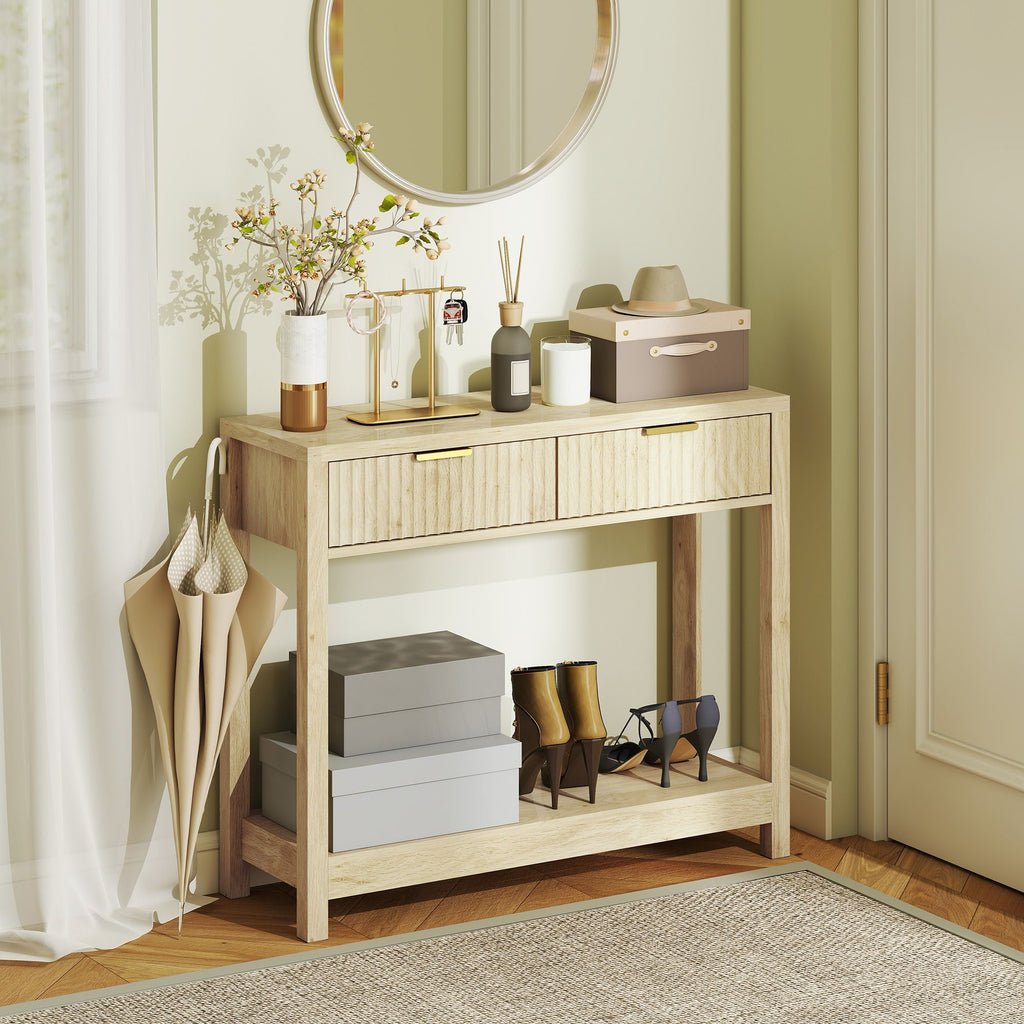 Console Table with Storage, Narrow Entryway Table with Fluted Panel Drawers and Shelf