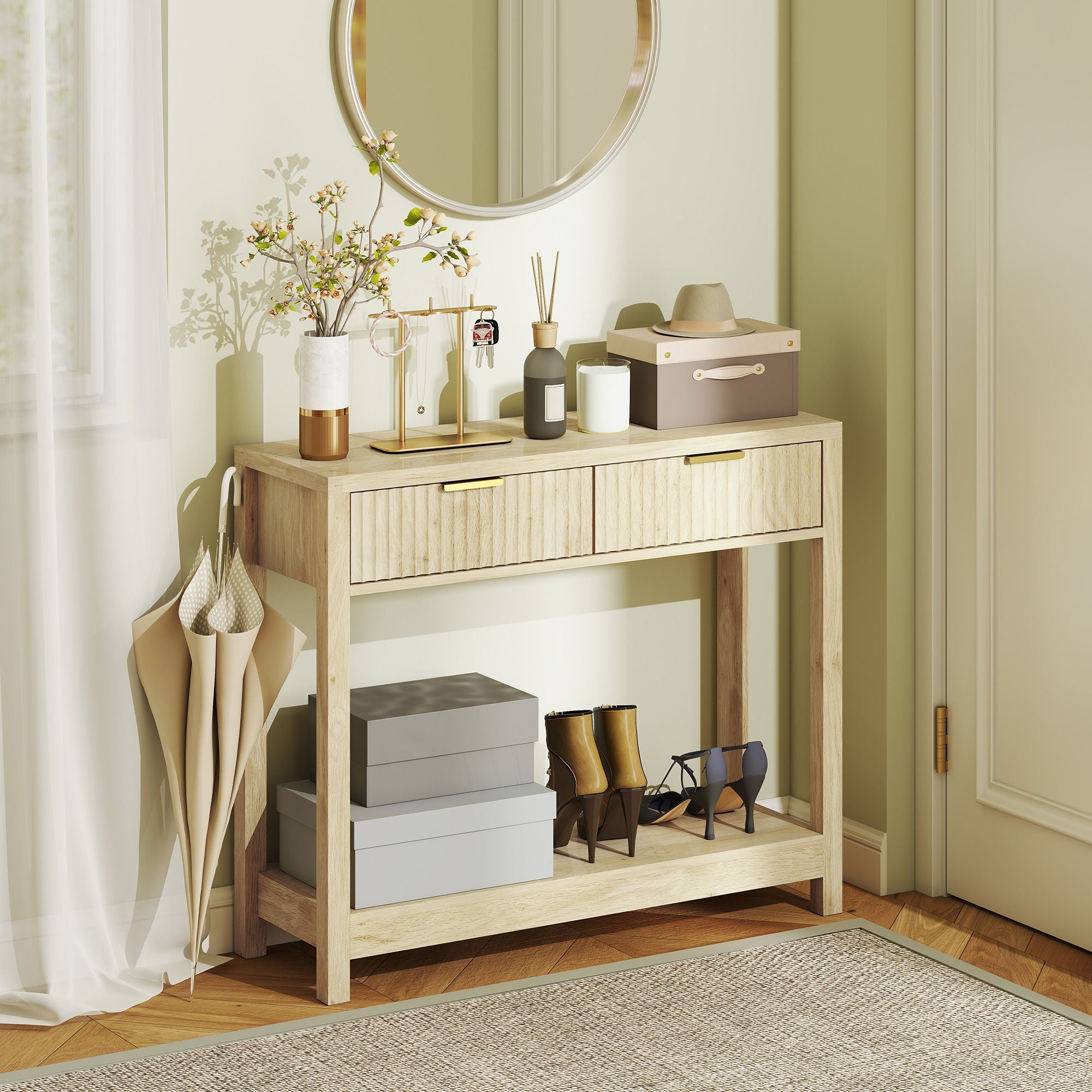 Console Table with Storage, Narrow Entryway Table with Fluted Panel Drawers and Shelf