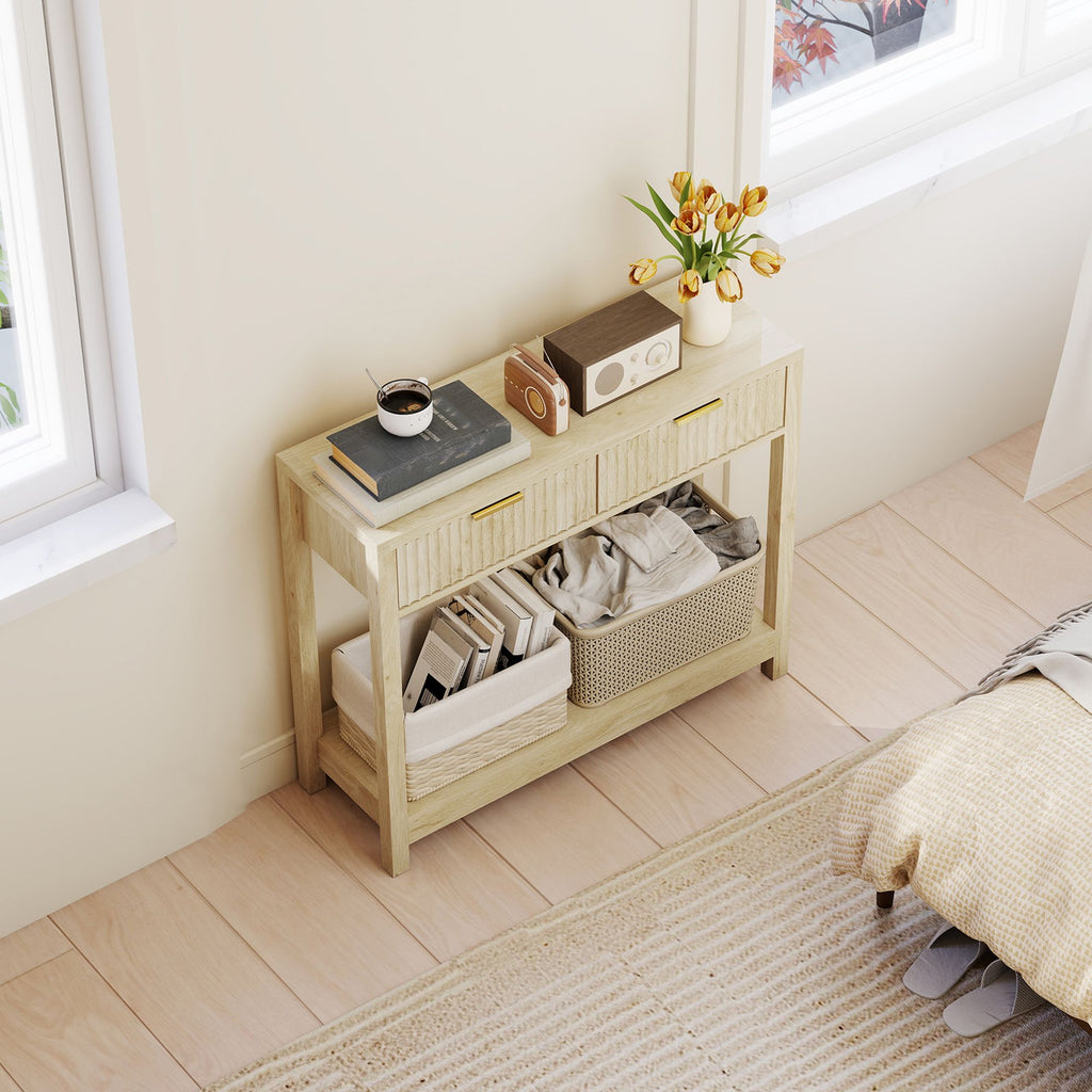 Console Table with Storage, Narrow Entryway Table with Fluted Panel Drawers and Shelf