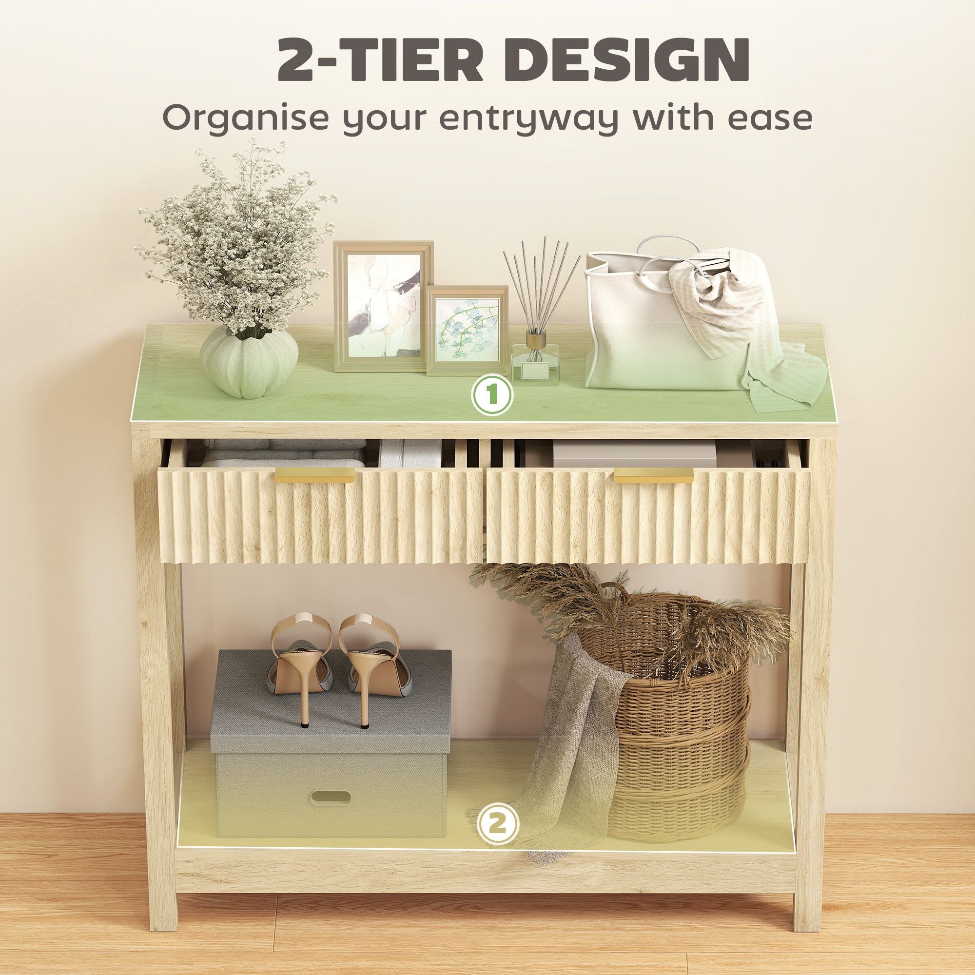 Console Table with Storage, Narrow Entryway Table with Fluted Panel Drawers and Shelf