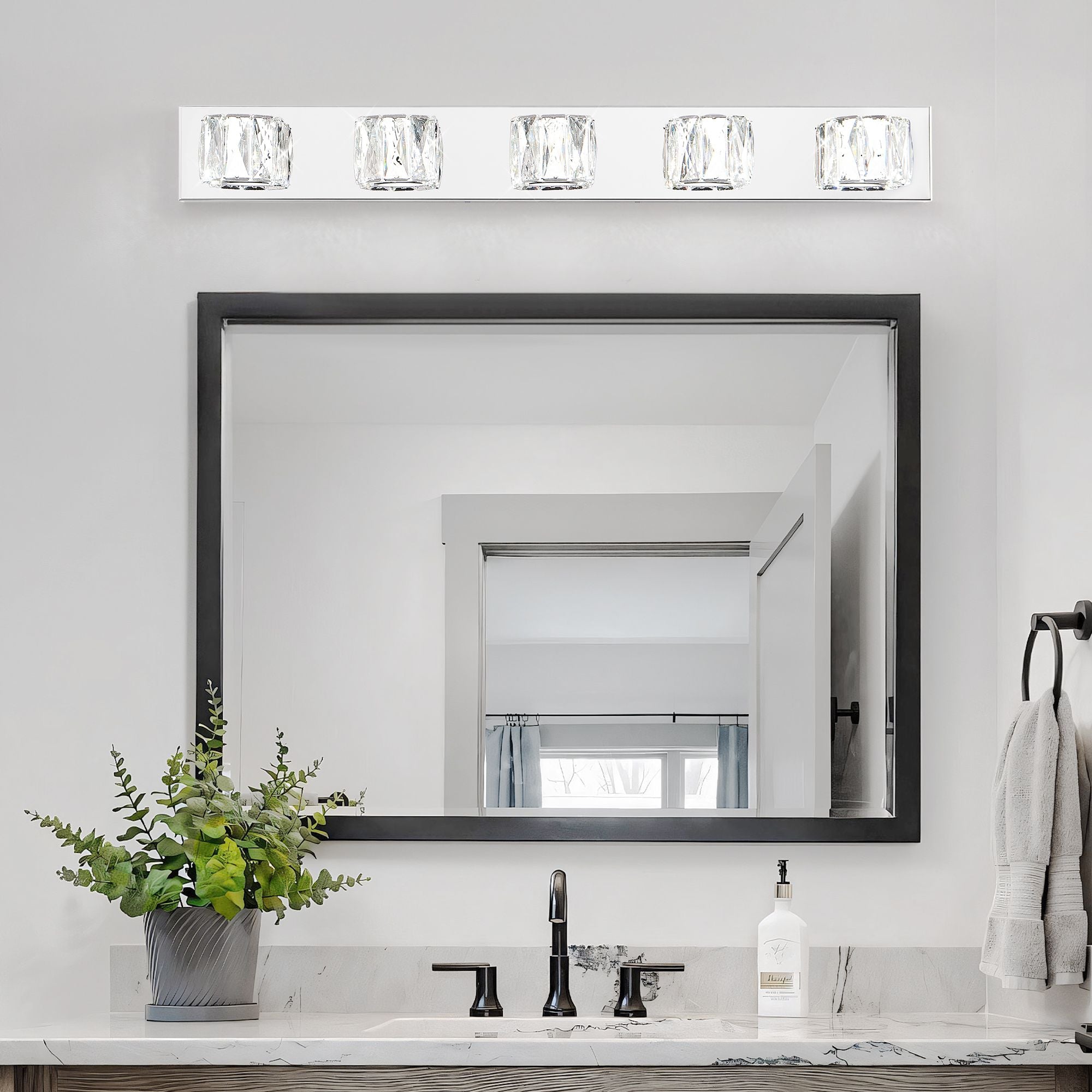 Modern Crystal 5-Light LED Wall Sconce - Chrome Bathroom Vanity Light